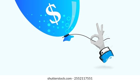 Hand Federal Reserve or government try to pull balloon . Economic risk or investment bubble concept. Collage Art Vector illustration