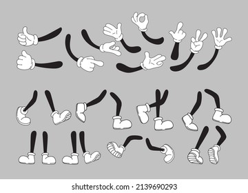 Hand feet mascot animation. Different movement legs and hands comic character, expression foot in shoes, cartoon arm victory, drawing kick finger, neat vector illustration. Cartoon character animation