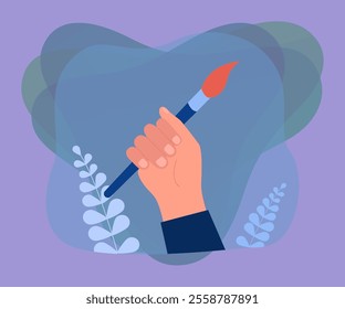 Hand of female artist holding paintbrush. Painter or designer holding brush flat vector illustration. Art, creativity, inspiration concept for banner, website design or landing web page