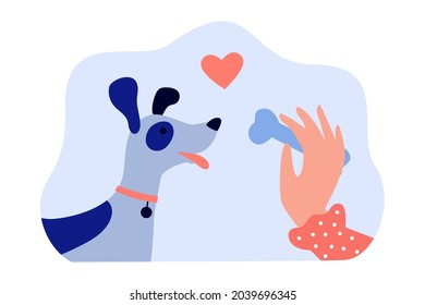 Hand of female dog owner holding bone for cute puppy. Woman giving treat to domestic animal offering flat vector illustration. Pets, love concept for banner, website design or landing web page