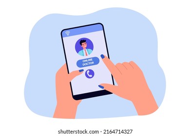 Hand of female patient consulting online doctor via smartphone. Medical professional on phone screen flat vector illustration. Technology, health concept for banner, website design or landing web page