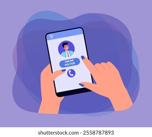 Hand of female patient consulting online doctor via smartphone. Medical professional on phone screen flat vector illustration. Technology, health concept for banner, website design or landing web page