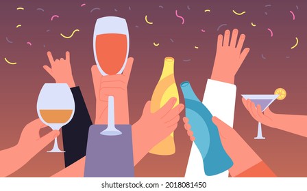 Hand with festive drinks. Holiday hands group holding wine glasses, happy drunk people celebrate. Diverse booze on birthday, new year utter vector banner