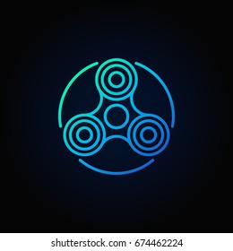 Hand fidget spinner blue icon - vector stress reducer toy concept symbol or logo element in thin line style on dark background