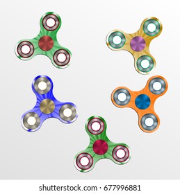 Hand fidget spinner set metallic toy stress and anxiety relief. Realistic vector illustration.  Isolated on white background copyspace high quality childhood engineering plastic gift template 
