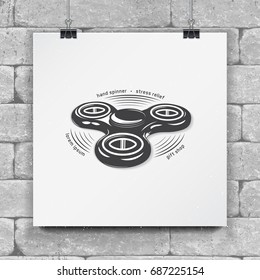 Hand Fidget Spinner Stress Relief Toys. Detailed object. Typographic labels, stickers, logos and badges. Flat vector illustration