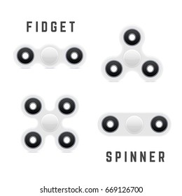 Hand Fidget Spinner Toy. Stress and Anxiety Relief. White Plastic Toy. Hand Spinner Vector Logo and Labels. Fidget Spinners Emblems