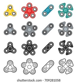Hand fidget spinner toy vector icon set. Stress and anxiety relief. Colorful, monochrome grey, shape and line style illustrations, logo design