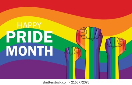 hand fight flag rainbow background. happy pride month day. equality of human rights in love. lgbtq gender diversity poster concept. vector illustration in flat style. 