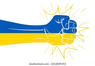 Hand fighting, Fist punching or hitting, forward. Ukraine fight against Russia. Standing with Ukraine. Blue yellow flag colors. Concept of fight, resist, repel, strike. Vector logo illustration