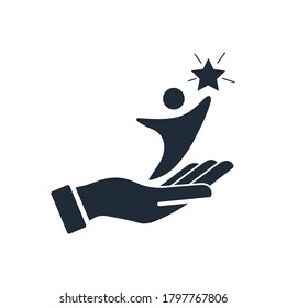 Hand and figurine of a man striving for a star. Support aspiration. Vector icon isolated on white background. - Shutterstock ID 1797767806