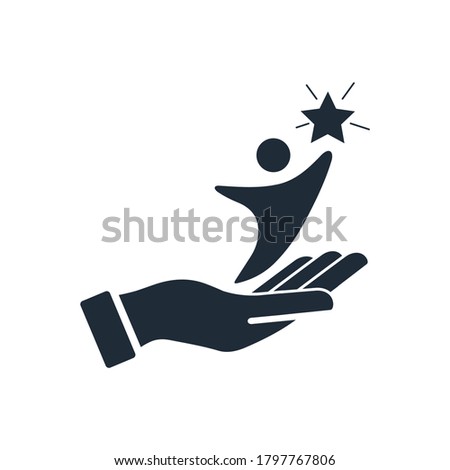Hand and figurine of a man striving for a star. Support aspiration. Vector icon isolated on white background.