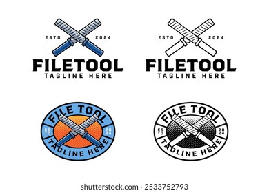 hand file tool crossed colorful and outline badge logo design set for workshop and garage. metal rasp file equipment illustration logo template for repairer, mechanic, craftsman 