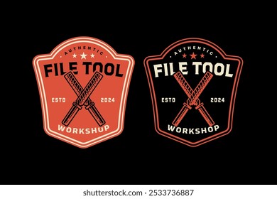 hand file tool crossed retro badge logo design for woodwork, craftsman, mechanic. metal rasp file equipment crossed emblem logo collection for construction, carpenter, workshop, garage 