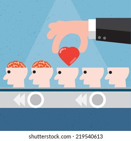 Hand fill hearts in open brain,Vector