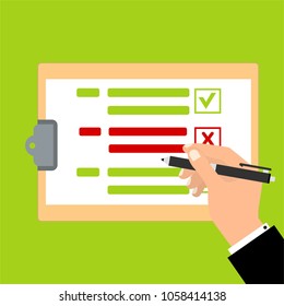 Hand filling checklist on clipboard. Form illustration with man signing a paper work document. Vector Modern flat design concept for web banners, web sites, printed materials, infographics.