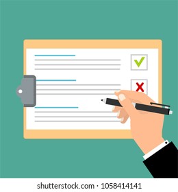 Hand filling checklist on clipboard. Form illustration with man signing a paper work document. Vector Modern flat design concept for web banners, web sites, printed materials, infographics.