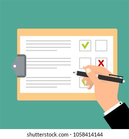 Hand filling checklist on clipboard. Form illustration with man signing a paper work document. Vector Modern flat design concept for web banners, web sites, printed materials, infographics.