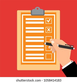 Hand filling checklist on clipboard. Form illustration with man signing a paper work document. Vector Modern flat design concept for web banners, web sites, printed materials, infographics.