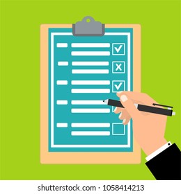 Hand filling checklist on clipboard. Form illustration with man signing a paper work document. Vector Modern flat design concept for web banners, web sites, printed materials, infographics.