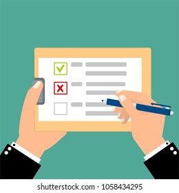 Hand filling checklist on clipboard. Form illustration with man signing a paper work document. Vector Modern flat design concept for web banners, web sites, printed materials, infographics.