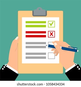 Hand filling checklist on clipboard. Form illustration with man signing a paper work document. Vector Modern flat design concept for web banners, web sites, printed materials, infographics.