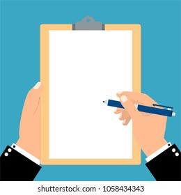 Hand filling checklist on clipboard. Form illustration with man signing a paper work document. Vector Modern flat design concept for web banners, web sites, printed materials, infographics.