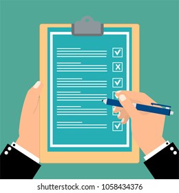 Hand filling checklist on clipboard. Form illustration with man signing a paper work document. Vector Modern flat design concept for web banners, web sites, printed materials, infographics.