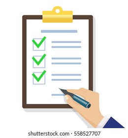 Hand filling checklist on clipboard. Form illustration with man signing a paper work document. Modern flat design concept for web banners, web sites, printed materials, infographics.