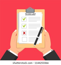 Hand filling checklist on To Do List. Form illustration with man signing a paper work document. Vector Modern flat design concept for web banners, web sites, printed materials, infographics.