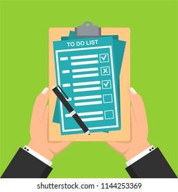 Hand filling checklist on To Do List. Form illustration with man signing a paper work document. Vector Modern flat design concept for web banners, web sites, printed materials, infographics.