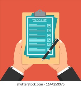 Hand filling checklist on To Do List. Form illustration with man signing a paper work document. Vector Modern flat design concept for web banners, web sites, printed materials, infographics.