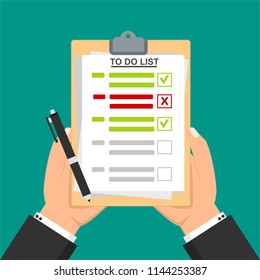 Hand filling checklist on To Do List. Form illustration with man signing a paper work document. Vector Modern flat design concept for web banners, web sites, printed materials, infographics.