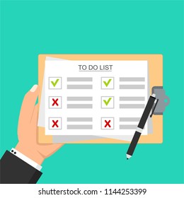 Hand filling checklist on To Do List. Form illustration with man signing a paper work document. Vector Modern flat design concept for web banners, web sites, printed materials, infographics.
