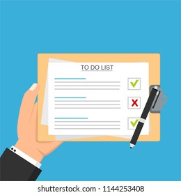 Hand filling checklist on To Do List. Form illustration with man signing a paper work document. Vector Modern flat design concept for web banners, web sites, printed materials, infographics.