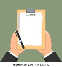 Hand filling checklist on To Do List. Form illustration with man signing a paper work document. Vector Modern flat design concept for web banners, web sites, printed materials, infographics.