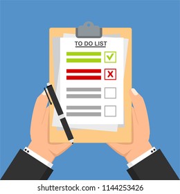 Hand filling checklist on To Do List. Form illustration with man signing a paper work document. Vector Modern flat design concept for web banners, web sites, printed materials, infographics.