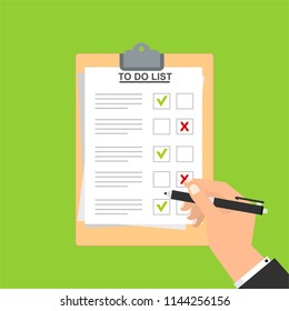 Hand filling checklist on To Do List. Form illustration with man signing a paper work document. Vector Modern flat design concept for web banners, web sites, printed materials, infographics.