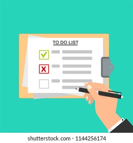 Hand filling checklist on To Do List. Form illustration with man signing a paper work document. Vector Modern flat design concept for web banners, web sites, printed materials, infographics.