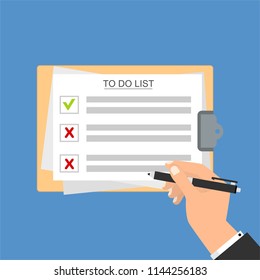 Hand filling checklist on To Do List. Form illustration with man signing a paper work document. Vector Modern flat design concept for web banners, web sites, printed materials, infographics.