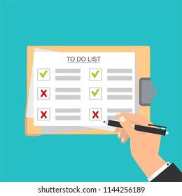 Hand filling checklist on To Do List. Form illustration with man signing a paper work document. Vector Modern flat design concept for web banners, web sites, printed materials, infographics.