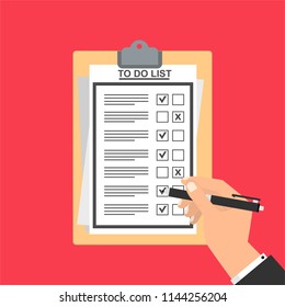 Hand filling checklist on To Do List. Form illustration with man signing a paper work document. Vector Modern flat design concept for web banners, web sites, printed materials, infographics.