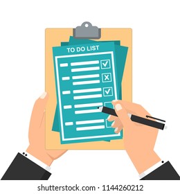 Hand filling checklist on To Do List. Form illustration with man signing a paper work document. Vector Modern flat design concept for web banners, web sites, printed materials, infographics.