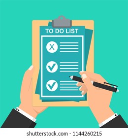 Hand filling checklist on To Do List. Form illustration with man signing a paper work document. Vector Modern flat design concept for web banners, web sites, printed materials, infographics.