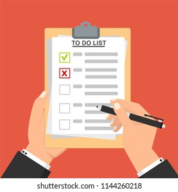 Hand filling checklist on To Do List. Form illustration with man signing a paper work document. Vector Modern flat design concept for web banners, web sites, printed materials, infographics.