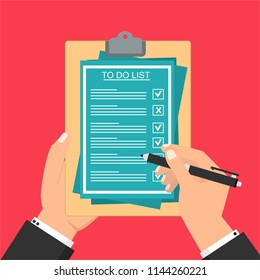 Hand filling checklist on To Do List. Form illustration with man signing a paper work document. Vector Modern flat design concept for web banners, web sites, printed materials, infographics.