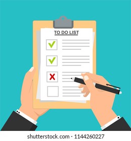 Hand filling checklist on To Do List. Form illustration with man signing a paper work document. Vector Modern flat design concept for web banners, web sites, printed materials, infographics.