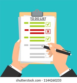 Hand filling checklist on To Do List. Form illustration with man signing a paper work document. Vector Modern flat design concept for web banners, web sites, printed materials, infographics.