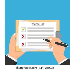 Hand filling checklist on To Do List. Form illustration with man signing a paper work document. Vector Modern flat design concept for web banners, web sites, printed materials, infographics.