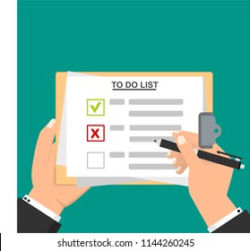 Hand filling checklist on To Do List. Form illustration with man signing a paper work document. Vector Modern flat design concept for web banners, web sites, printed materials, infographics.